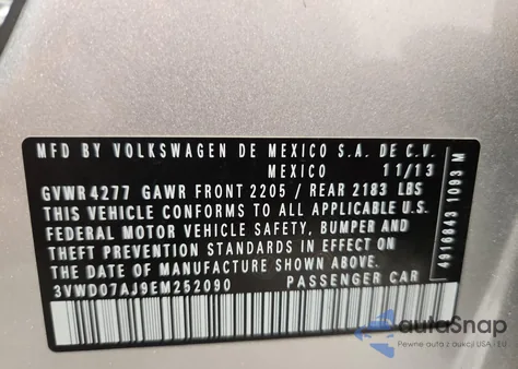 2014 Volkswagen Jetta Se из США, поврежденный, VIN 3VWD07AJ9EM252090